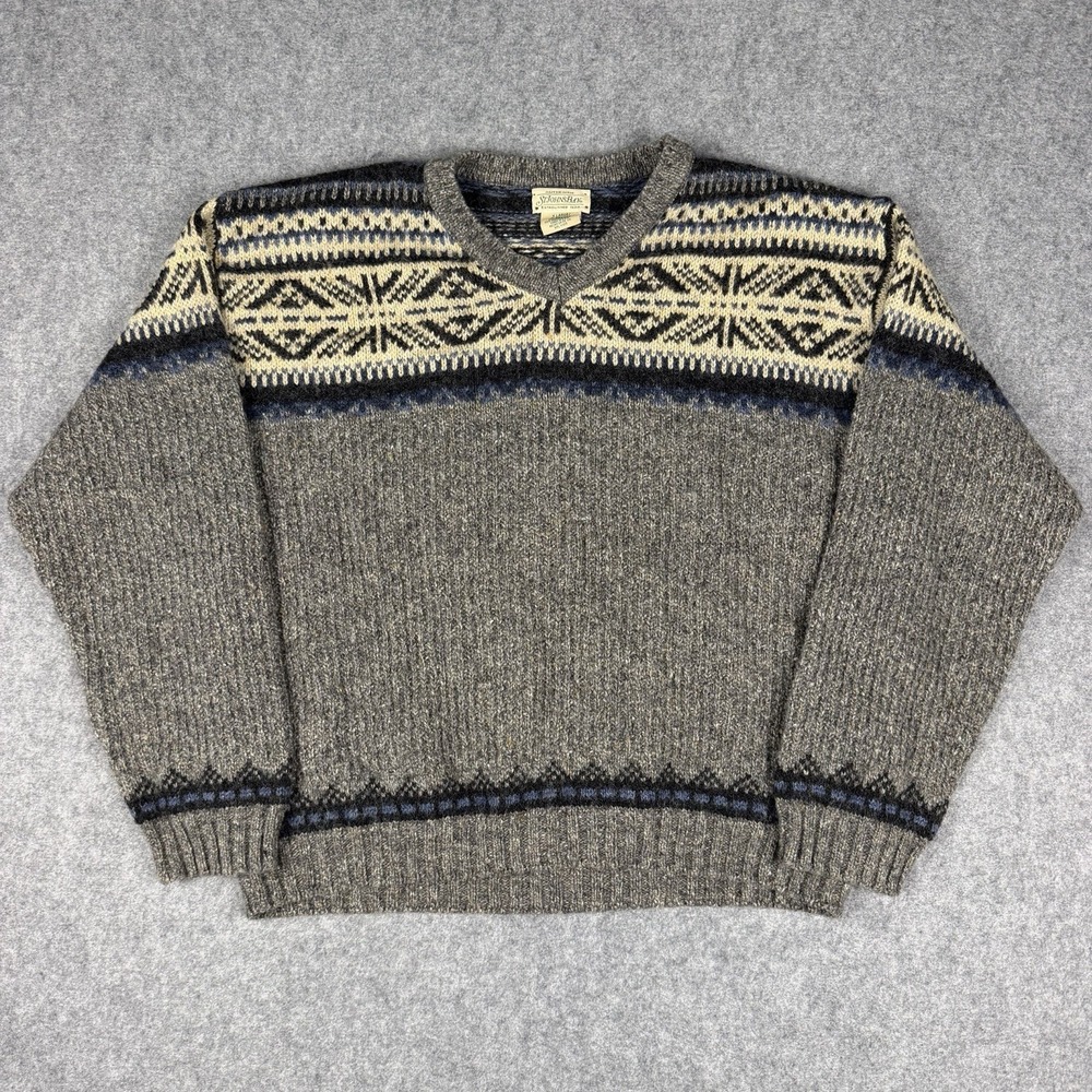 St Johns Bay Vintage Sweater Mens XL Wool Blend Fair Isle Nordic Knit Grey USA